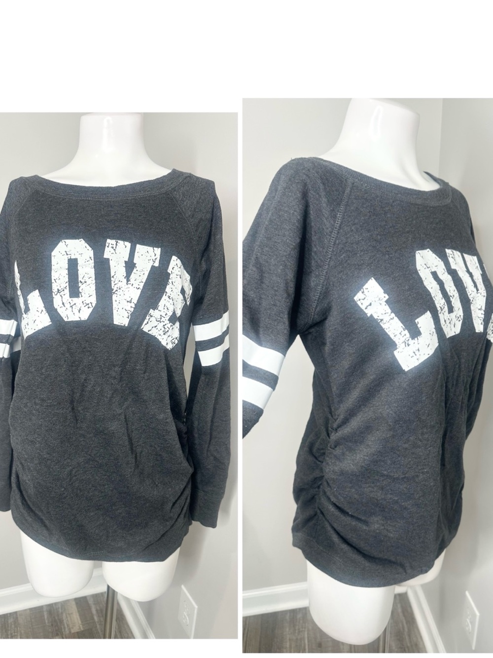 feathers maternity Charcoal Sweatshirt with White LOVE Graphic- L